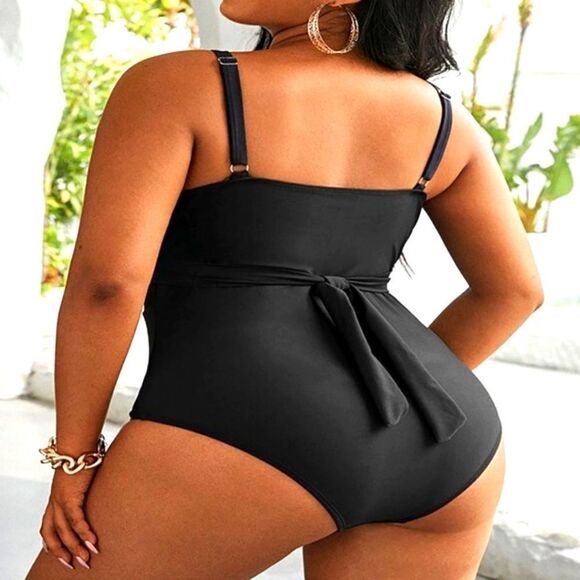 Plus Size Contrast Mesh Criss Cross One Piece sz 2X - Picture 2 of 5